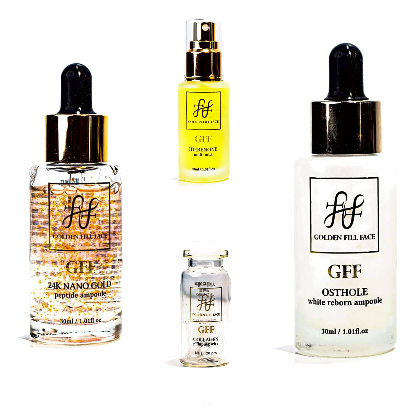 GFF 24K NANO GOLD · IDEBENONE · OSTHOLE · COLLAGEN 4 제품 라인업